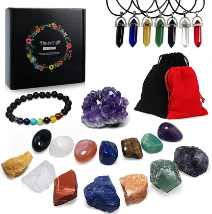 24 PCS Healing Crystals Set for Beginners 7 Raw Chakra Stones 7 Colorful Gems 7 Pcs Healing Crysta Necklace Amethyst Reference Guide Poster Healing Crystals Bracelets for Yoga Meditation