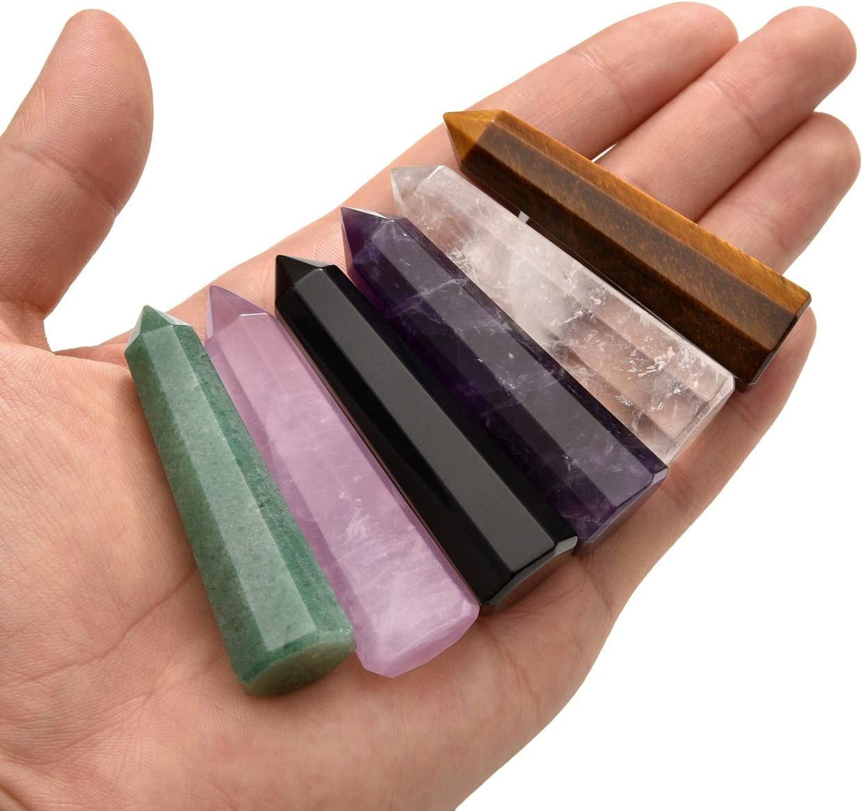 6Pcs Healing Crystals Wand Set Natural Amethyst Rose Quartz Clear Quartz Tiger Eye Green Aventurine Black Obsidian Reiki Healing Crystal Stones Kit for Meditation Yoga Crystal Therapy