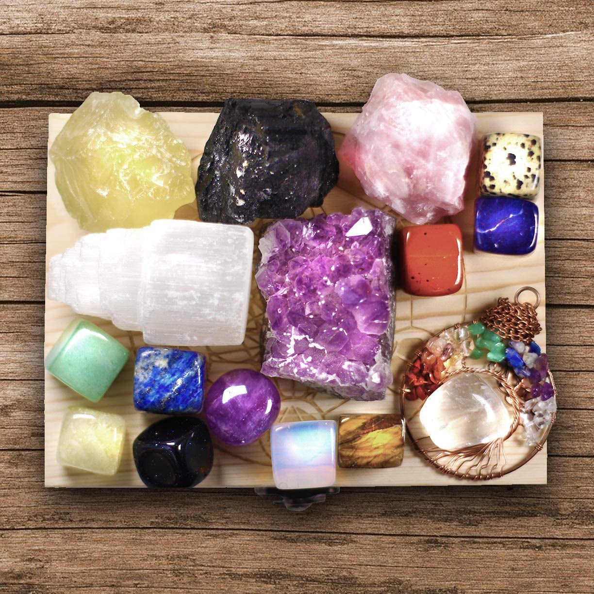 16 Large Natural Healing Crystals Set in Wooden Box - Tumbled, Rough & Raw Crystals, Including Selenite Tower, Black Tourmaline, Amethyst, Rose Quartz, Lapiz Lazuli, Citrine & Tiger'S Eye