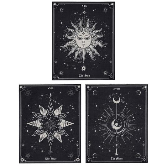 Pocass Pack of 3 Tarot Tapestry the Sun the Moon the Star Tarot Card Vertical Tapestry Black and White Medieval Europe Mysterious Wall Hanging with Grommets, Seamless Nails (15.7 X 19.6 Inches)