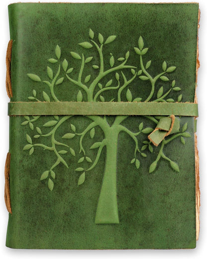 Tree of Life Journal - 8"X6" (A5) Inches - Green - 200 Antique Deckle Edge Handmade Paper – Book of Shadows - Vintage Leather Bound Journal for Women & Men