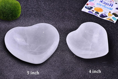 5" Hand Carved Selenite Bowl Heart Shape Moroccan Selenite Crystals for Cleansing, Charging, Decoration or Gift