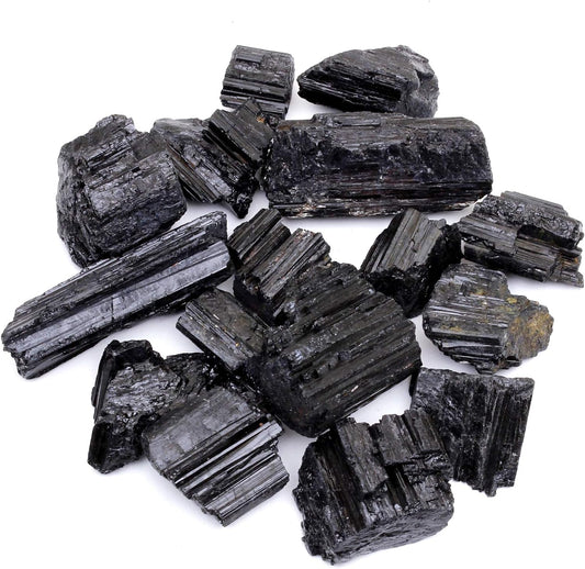 Black Tourmaline Crystals Bulk (1/2 LB Medium Pieces), Includes: (1) Selenite Stick & Information Cards, Rough Raw Natural Stones for Good Vibes, Reiki Energy Made in USA