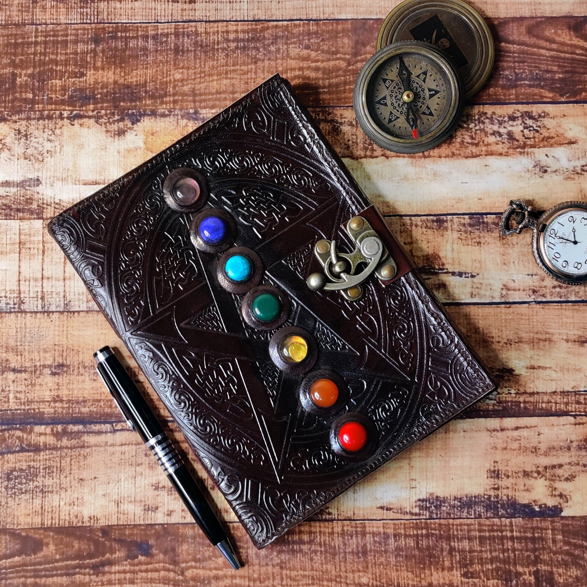 Leather Journal Writing Notebook 7 Chakra Stone Diary for Men & Women, Handmade Bound Witch Journal Blank Sketchbook Notepad Gift for Artist & Writers by , Brown