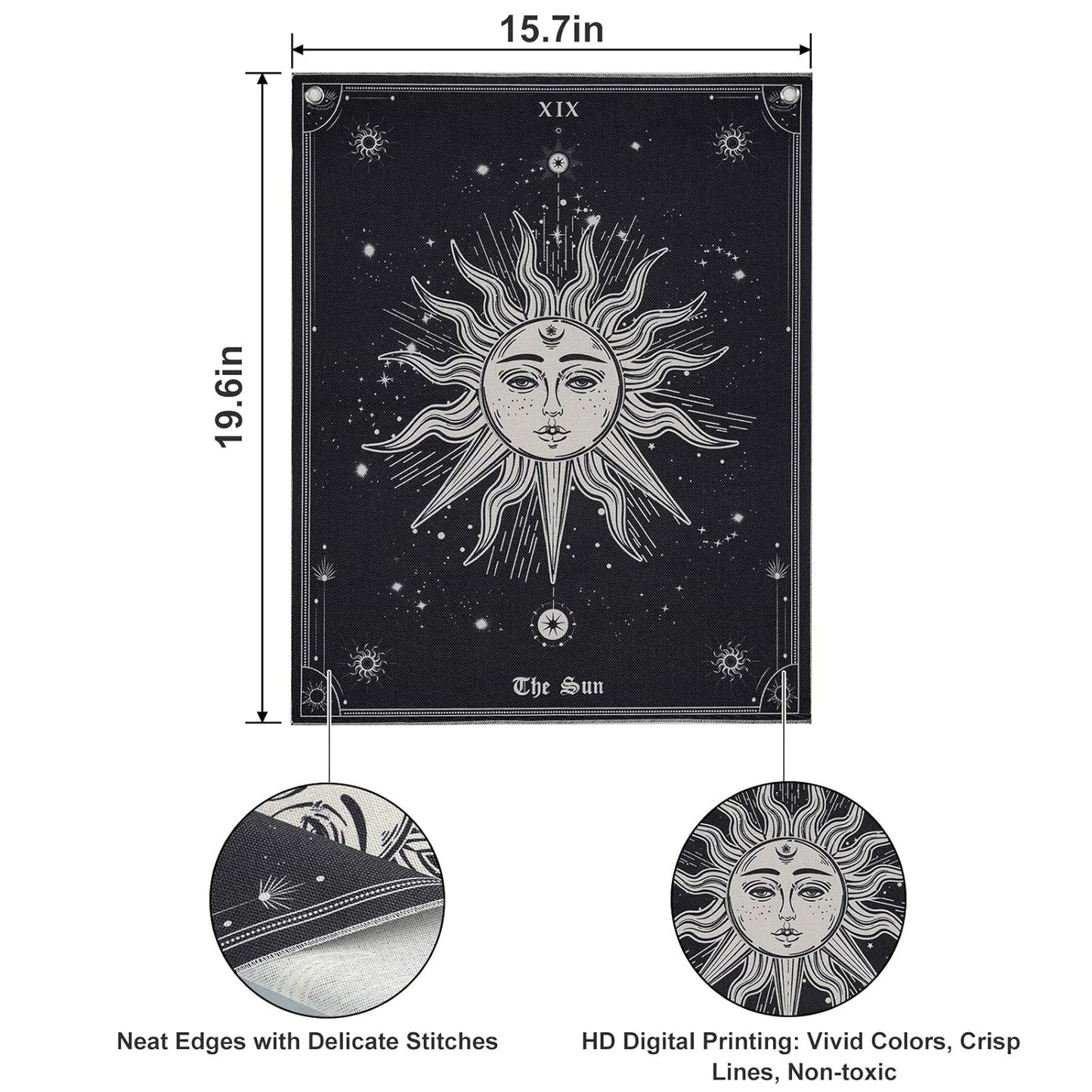 Pocass Pack of 3 Tarot Tapestry the Sun the Moon the Star Tarot Card Vertical Tapestry Black and White Medieval Europe Mysterious Wall Hanging with Grommets, Seamless Nails (15.7 X 19.6 Inches)