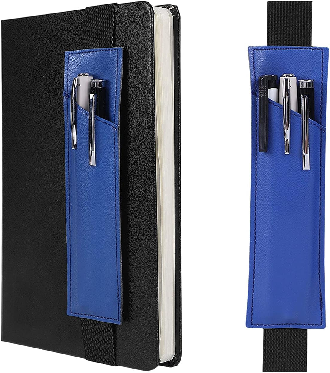 2-Pack Leather Adjustable Elastic Band Pen Holder, Pencil Holder, Pen Sleeve Pouch, Pen Case for Hardcover Notebooks, Journals, Planners, Suitable for Heights from 8" to 11.5"(Royal Blue)