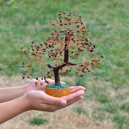 Tiger Eye Gemstone Tree of Life [Bonus Matching Necklace] | Money Tree with Chakra Reiki Healing Crystals Oriental Home Décor Tree | Handmade Feng Shui Tree Figurine for Luck, Fortune