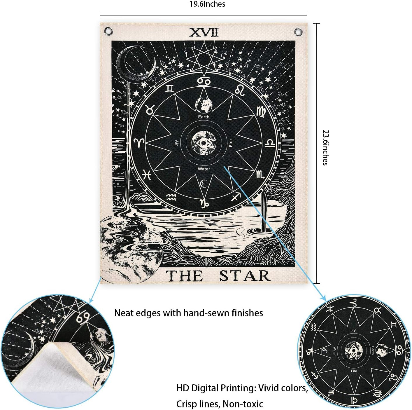 Pack of 3 Tarot Tapestry the Sun the Moon the Star Tarot Card Tapestry with Rustproof Grommets, Seamless Nails (Black White, 19.6 X 23.6 Inches)