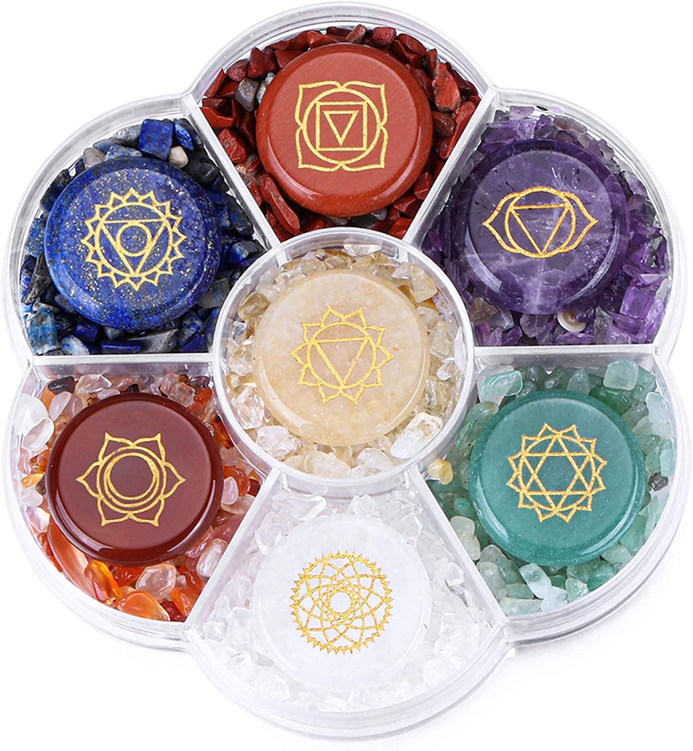 7 Chakra Crystal Stones Natural Reiki Healing Crystals Gemstones with Engraved Chakra Symbol Tumbled Polished Chakra Stone Kit for Meditation Crystal Therapy Gift for Christmas