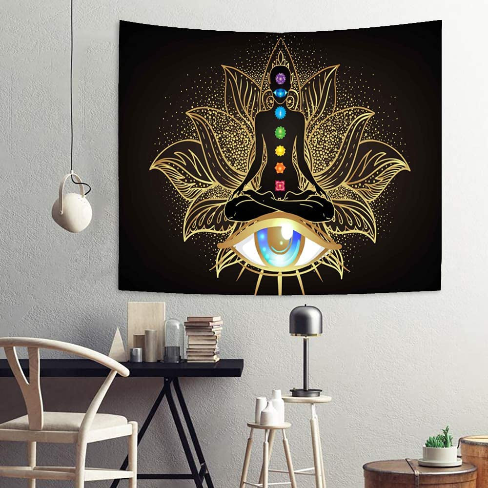 Seven Chakra Tapestry Meditation Tapestry Wall Hanging, Golden Black Lotus Eyes Spiritual Tapestry for Bedroom, Polyester Wall Tapestry Home Decor 51Inchx59Inch SSA065…