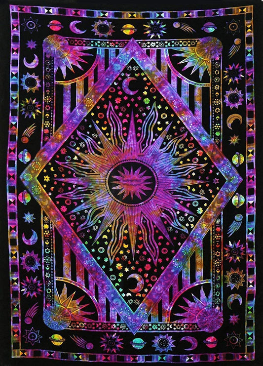 Burning Sun Tie Dye Tapestry, Celestial Sun Moon Star Planet Bohemian Medium Tapestry Tarot Card Wall Hanging Boho Hippie Hippy Beach Coverlet Curtain (Purple Multi, 54"X60")