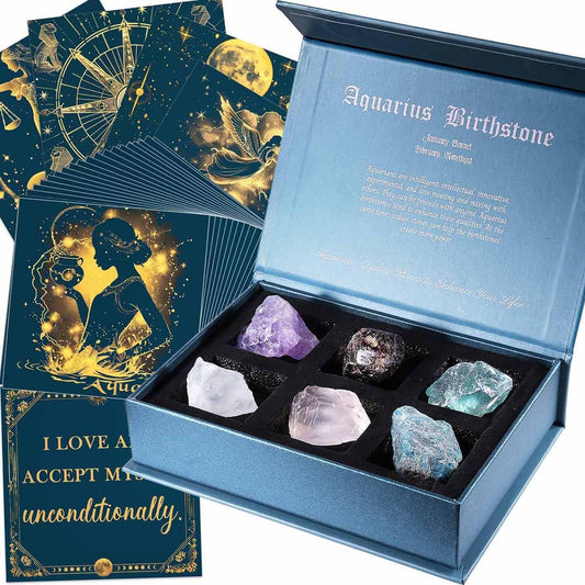 Aquarius Birthday Crystals Gifts - W/50 Daily Affirmations Cards and 6 Healing Crystals Natural Stones, Positive Affirmations with Inspirational Quotes, Spiritual Gifts for Women