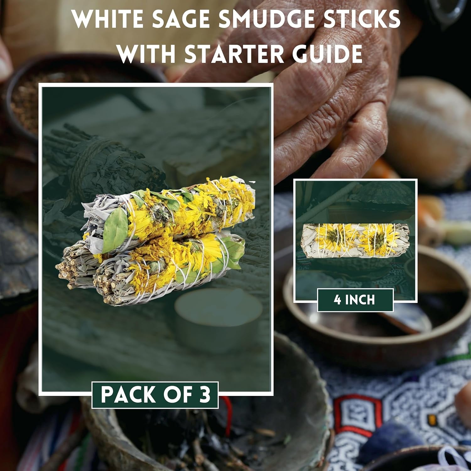 Sunflowers & Organic White Sage Smudge Sticks for Cleansing Home, Meditation, Yoga, Healing and Smudging | Sustainably Sourced California White Sage Bundles (3 Pack - 4 Inch)