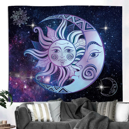 Sun and Moon Tapestry, Purple Blue Burning Sun Moon with Stars Psychedelic Popular Mystic Nebula Starry Wall Hanging Tapestry for Bedroom Home Decor(90L X 70W Inches)