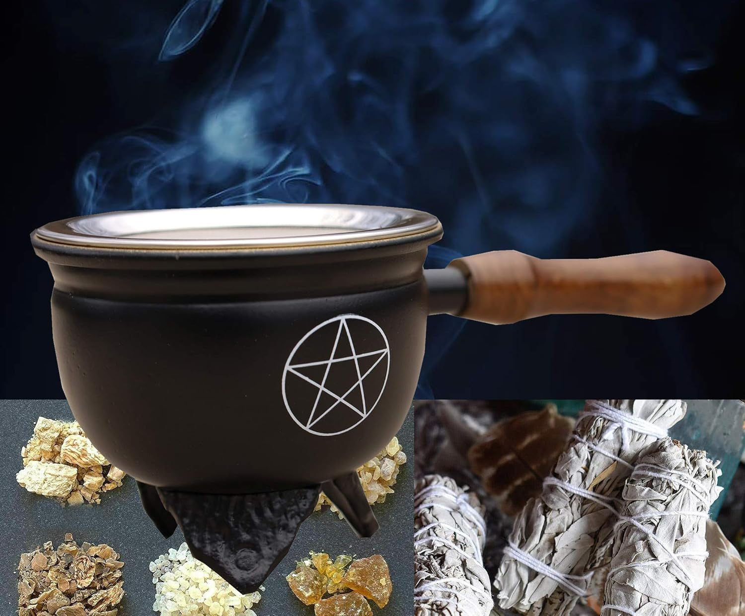 Large Metal Charcoal Incense Burner with Wooden Handle (Pentagram)