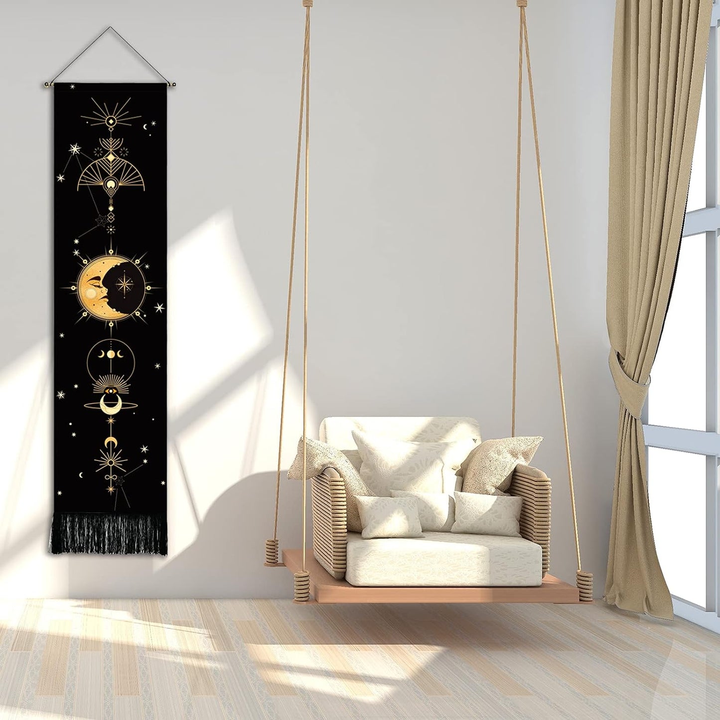 Wall Hanging Tapestry，Aesthetic Tapestry,Bohemian Wall Tapestry，Sun and Moon Tapestry for Room Tapestries(Black Tapestry, 12.8 X 51.2 Inches)