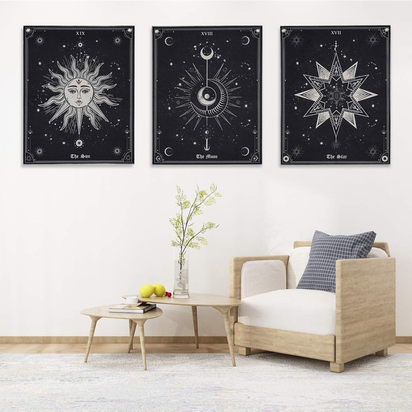 Pocass Pack of 3 Tarot Tapestry the Sun the Moon the Star Tarot Card Vertical Tapestry Black and White Medieval Europe Mysterious Wall Hanging with Grommets, Seamless Nails (15.7 X 19.6 Inches)