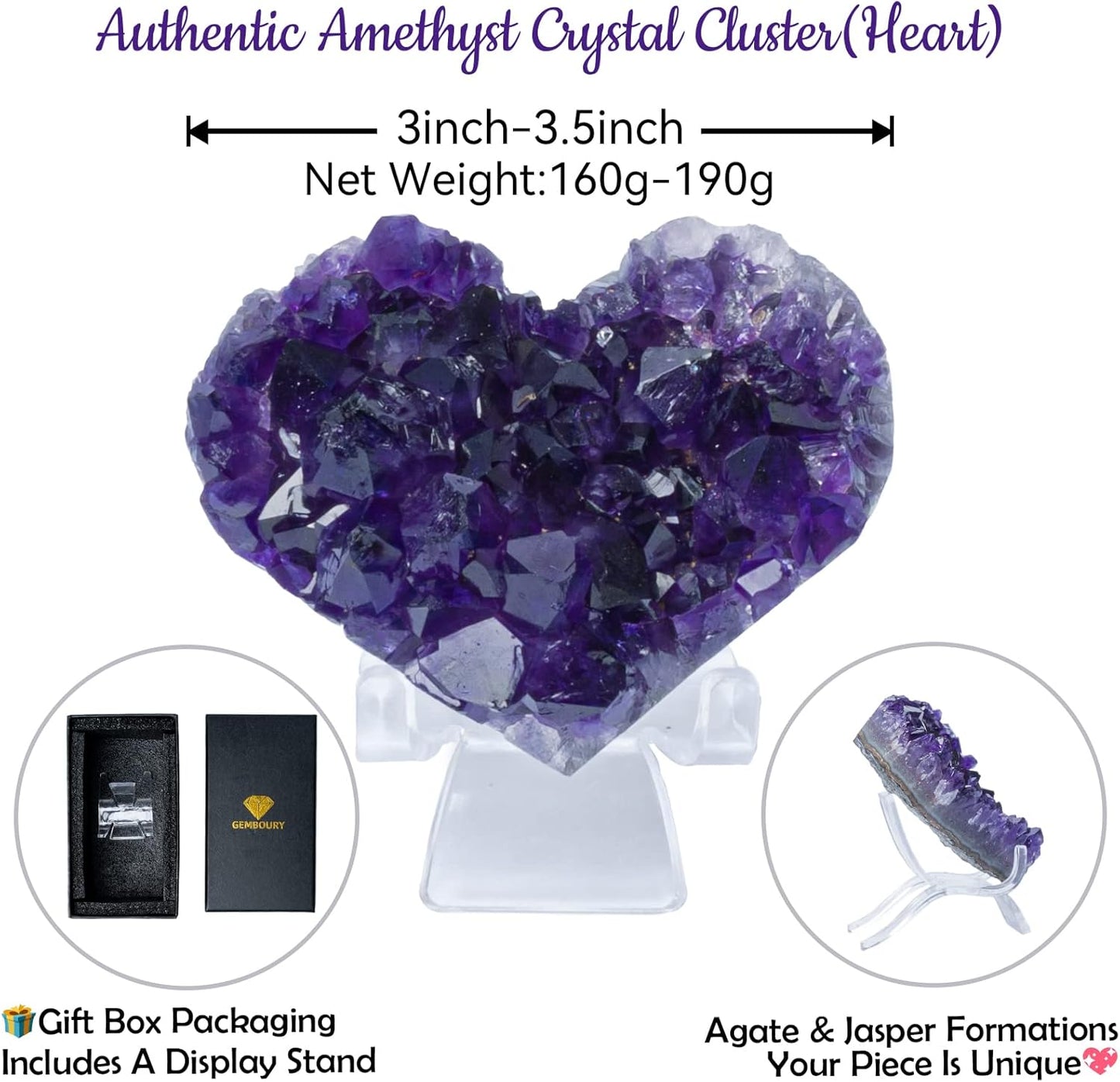 Purple Amethyst Crystal Heart Stones 3-3.5Inch(9Cm), Druzy Geode Natural Crystals AA Color, Spiritual Healing Purple Crystals Stones Energy Stone Decoration from Uruguay.