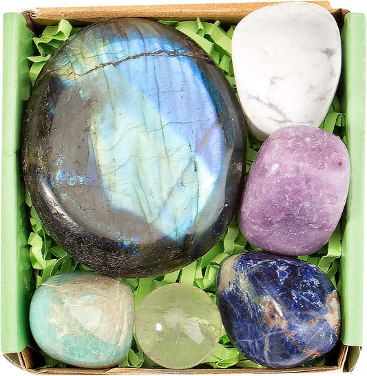 Healing Crystals Set for Calming, Anxiety & Stress with Labradorite Palm Stone, Spiritual Crystals and Gift for Meditation, Manifestation, Reik