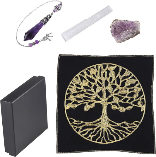 Energy Stone Healing Crystals Set, Totem Energy Mat Meditation Tool & Gather Power Witchcraft Kit, Amethyst Cluster & Amethyst Hexagonal Prism & Rock Crystal Column