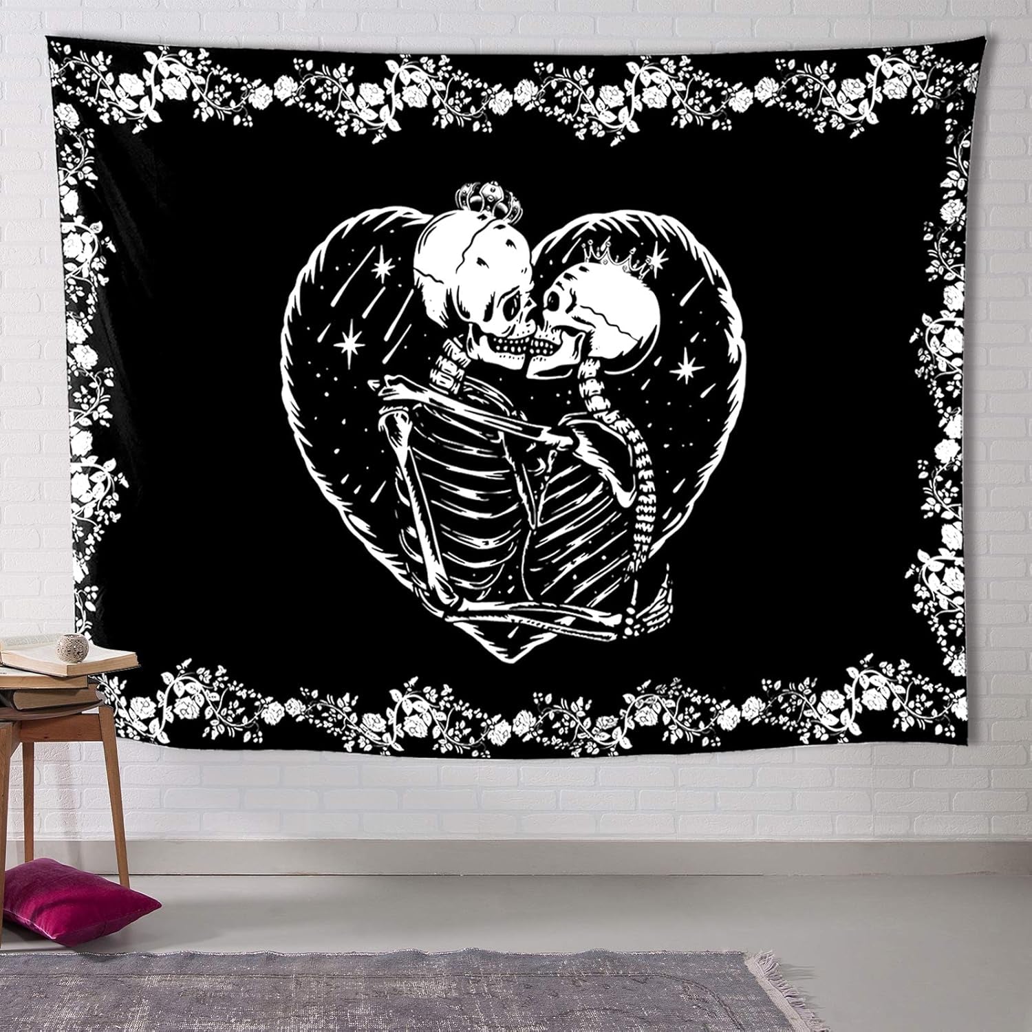 Skull Tapestry Kissing Lovers Tapestry Black and White, Roses, Flowers Background Bedroom Lover Tapestry (Skull Lovers, 59In*51In)