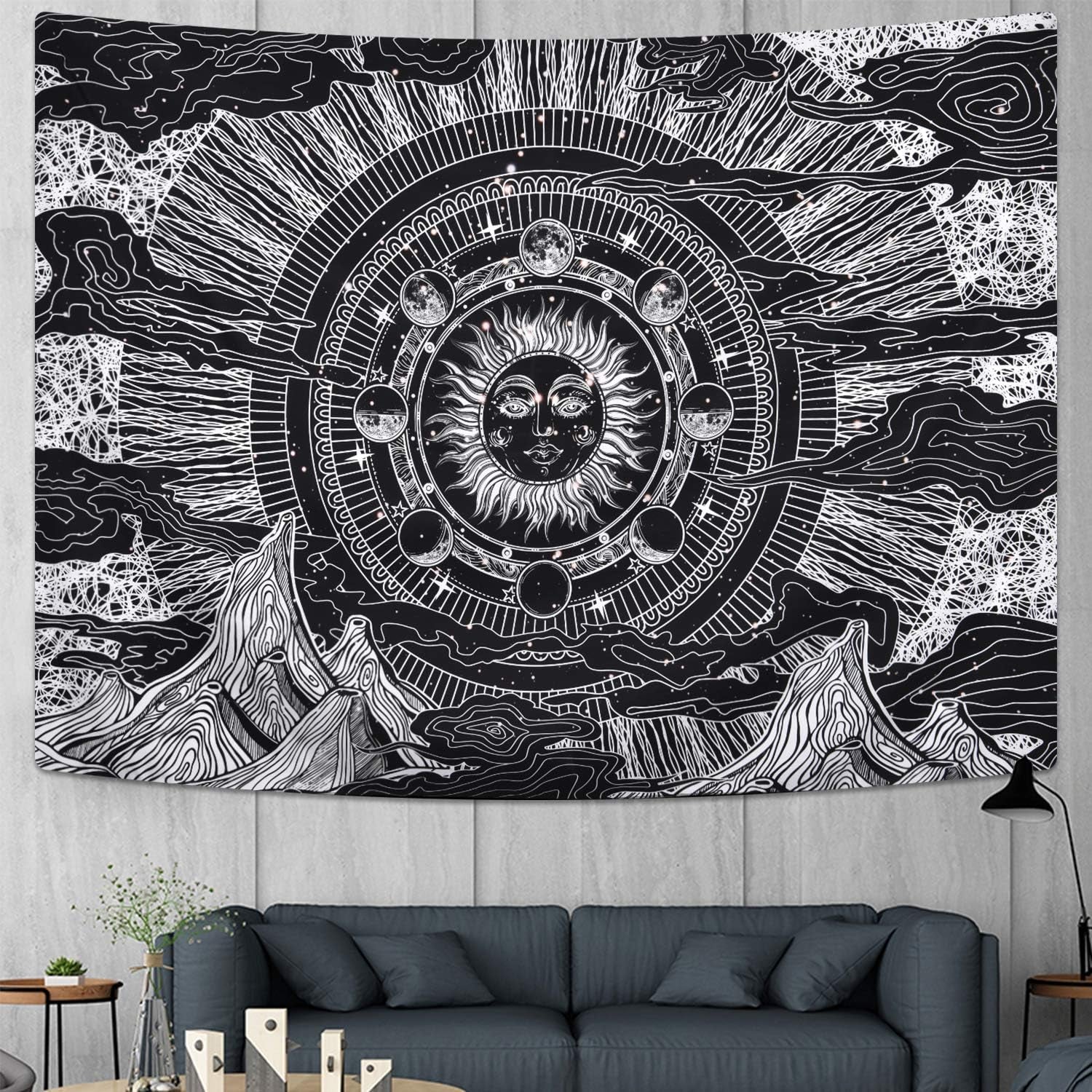 Sevenstars Moon Tapestry Black and White Tapestry Dark Tapestries Cloud Tapestry Sun Tapestry Psychedelic Tapestries for Room