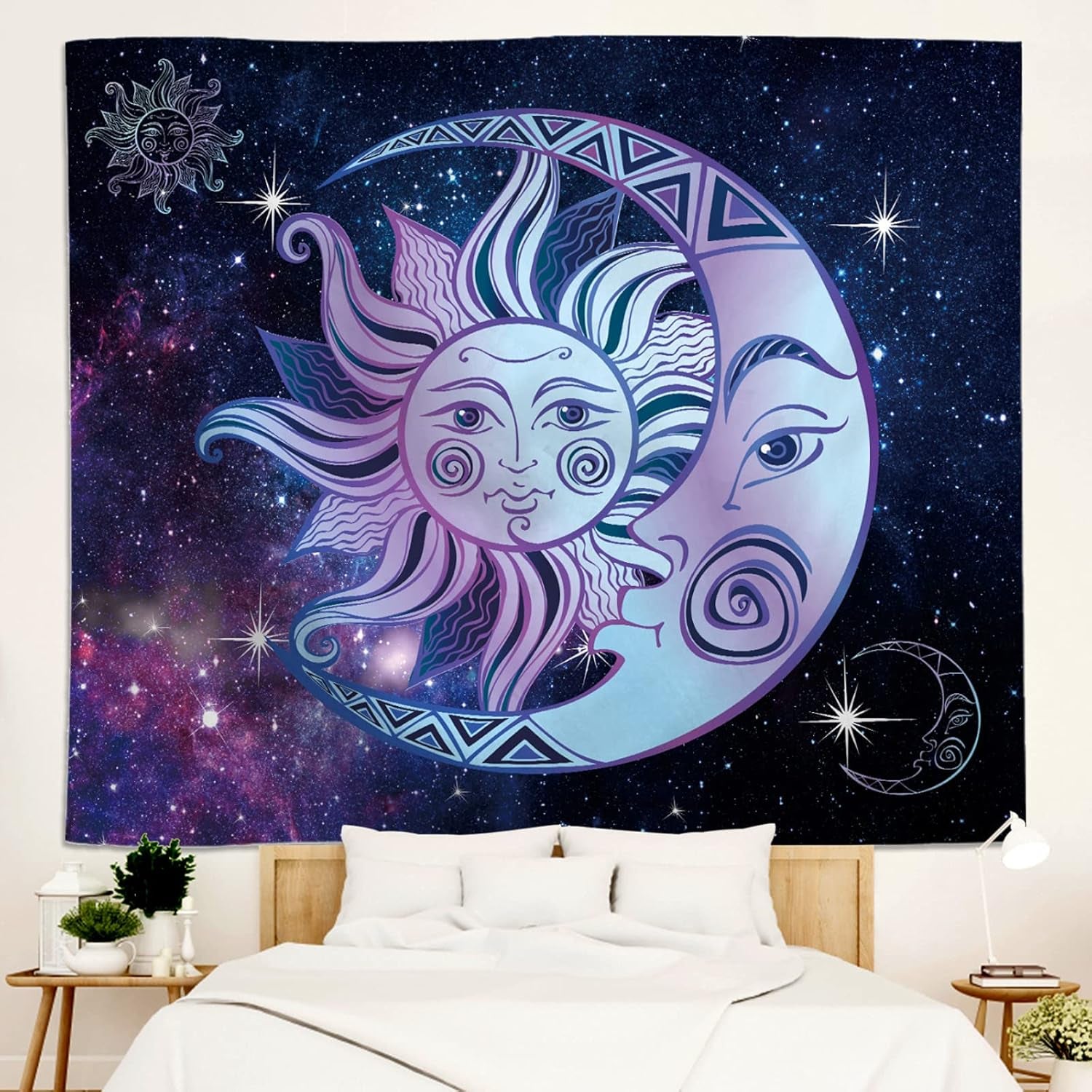 Sun and Moon Tapestry, Purple Blue Burning Sun Moon with Stars Psychedelic Popular Mystic Nebula Starry Wall Hanging Tapestry for Bedroom Home Decor(90L X 70W Inches)