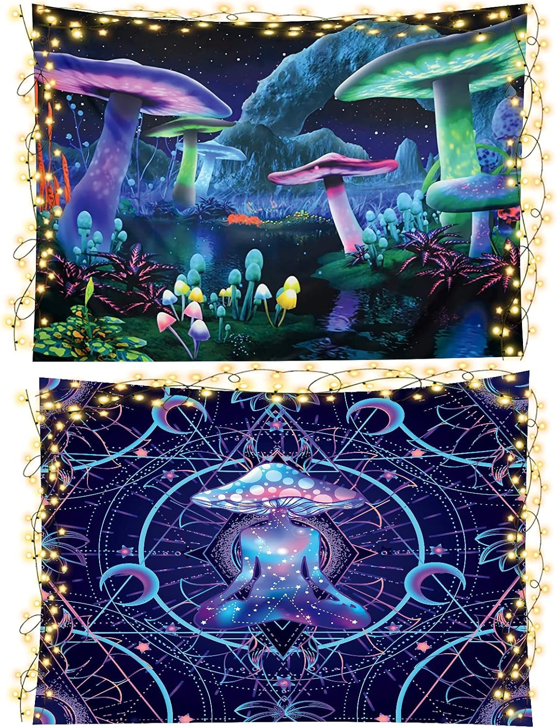 Pack of 2 Psychedelic Mushroom Tapestry Fantasy Plant Wall Tapestry Galaxy Space Tapestry Starry Night Sky Tapestry Wall Hanging for Room