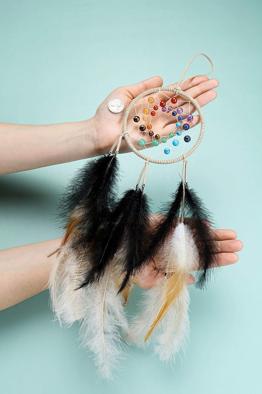 Khaki Dream Catcher Tree of Life Wall Decor, with Natural Healing Crystal Stone, Handmade Crystal Dreamcatcher