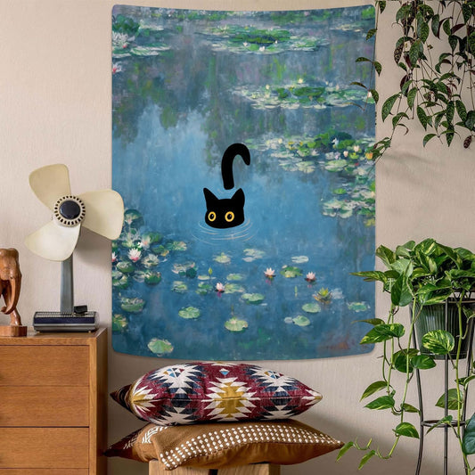 Vintage Wall Art Famous Water 30X40 in Tapestries Black Cat Funny Cat Floral Print Abstract Farmhouse Gallery Aesthetic Room Decor for Bedroom Cat Painting Wall Art Tapestry Wall Tapestry for Bedroom