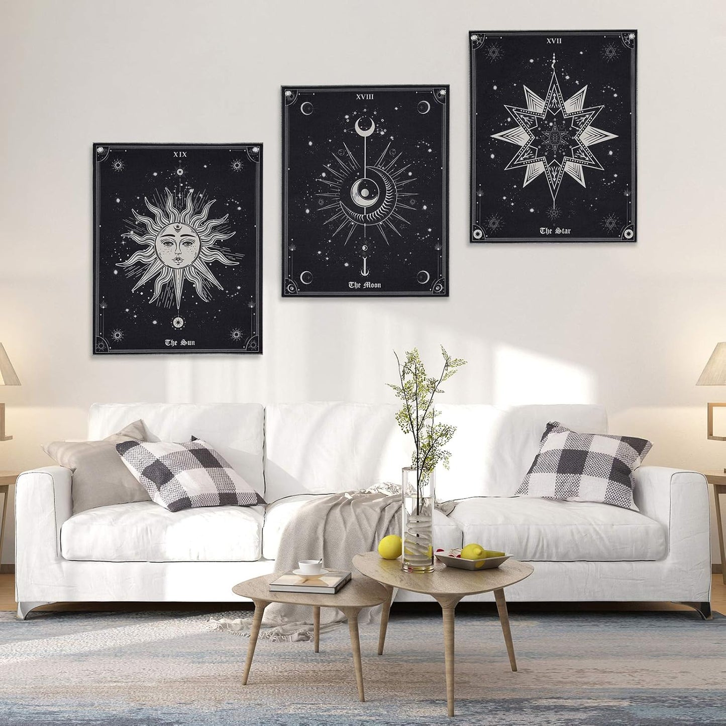 Pocass Pack of 3 Tarot Tapestry the Sun the Moon the Star Tarot Card Vertical Tapestry Black and White Medieval Europe Mysterious Wall Hanging with Grommets, Seamless Nails (15.7 X 19.6 Inches)