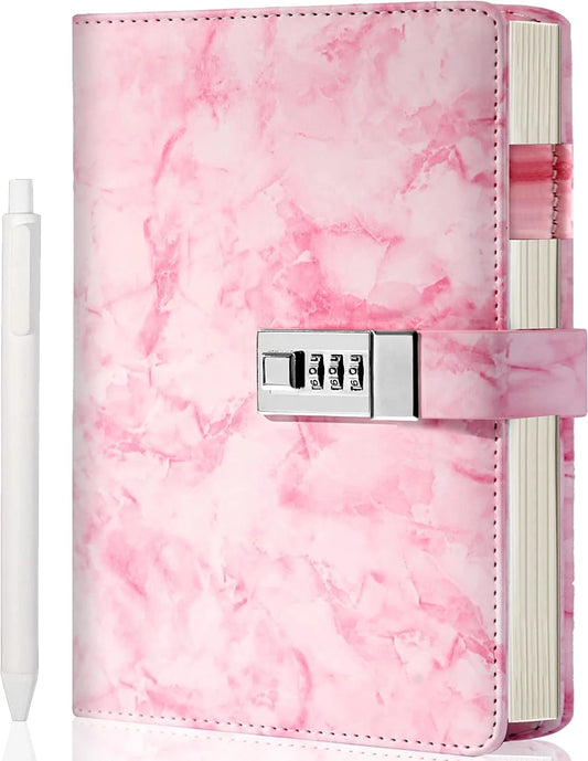 A5 Pink Marble Diary with Lock for Women, Notebook with Pen,Password Locked Journal for Women Gifts