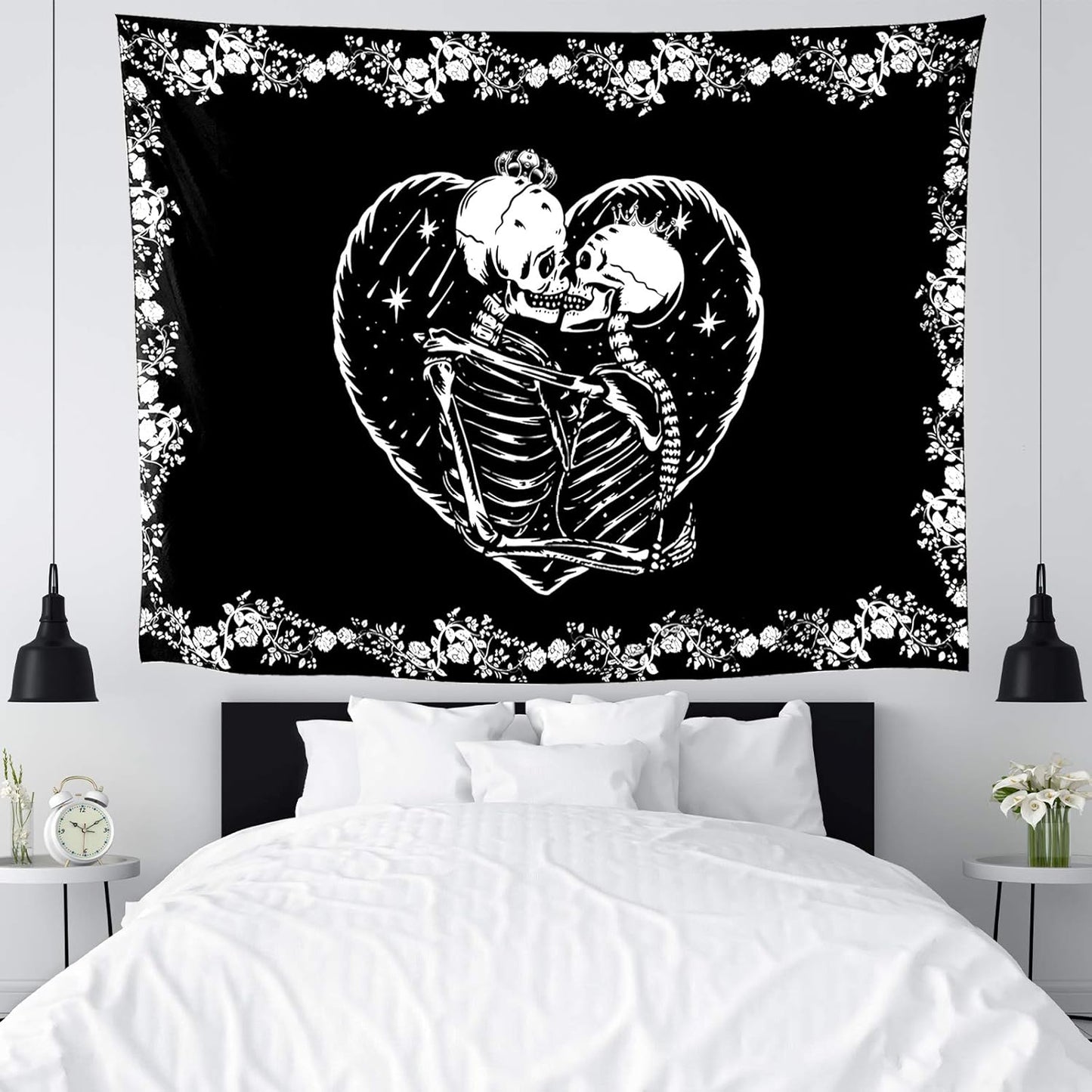 Skull Tapestry Kissing Lovers Tapestry Black and White, Roses, Flowers Background Bedroom Lover Tapestry (Skull Lovers, 59In*51In)