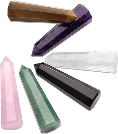 6Pcs Healing Crystals Wand Set Natural Amethyst Rose Quartz Clear Quartz Tiger Eye Green Aventurine Black Obsidian Reiki Healing Crystal Stones Kit for Meditation Yoga Crystal Therapy