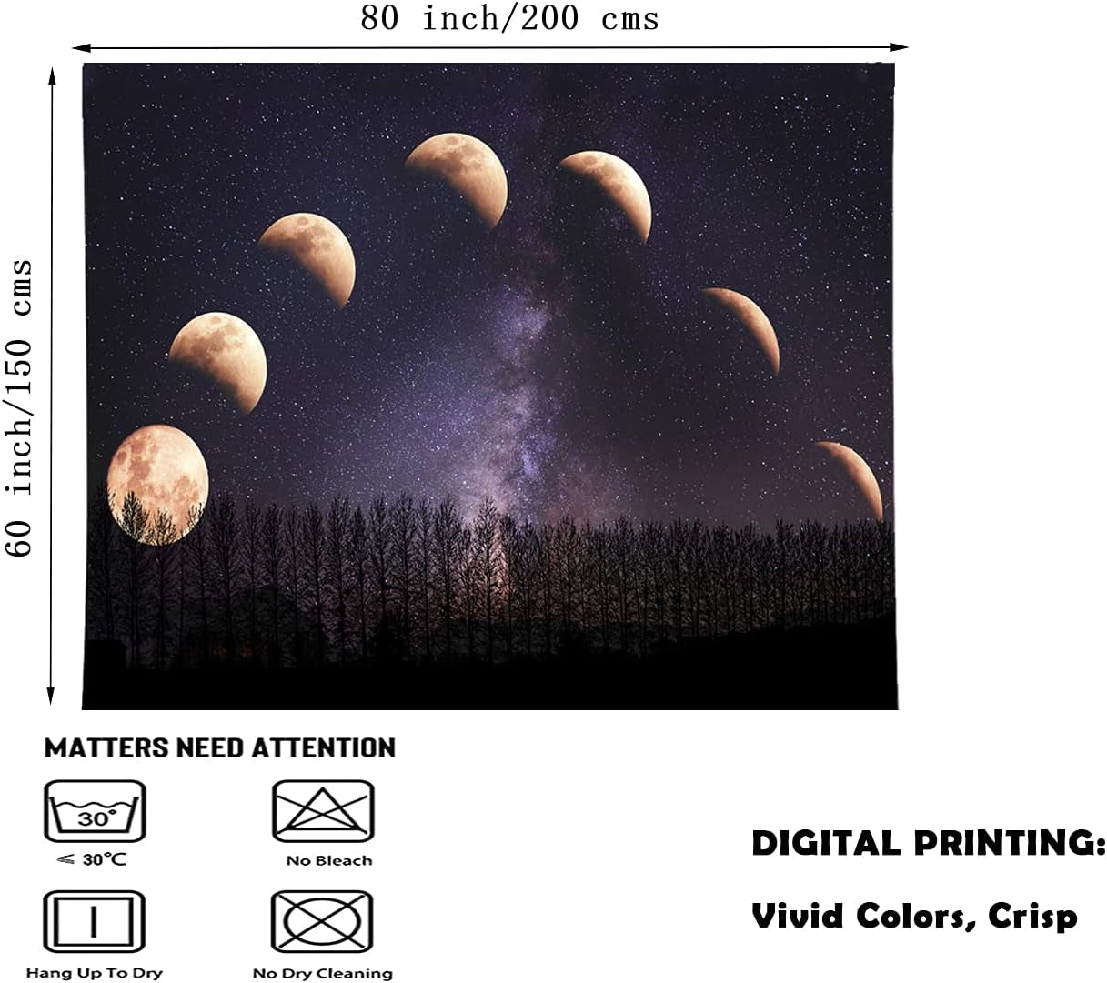 Moon Starry Forest Tapestry and Moon Eclipse Tapestry Moon Phase Change Tapestry Starry Night Sky Space Galaxy Stars Tapestry for Living Room Bedroom(80L X 60W Inches)