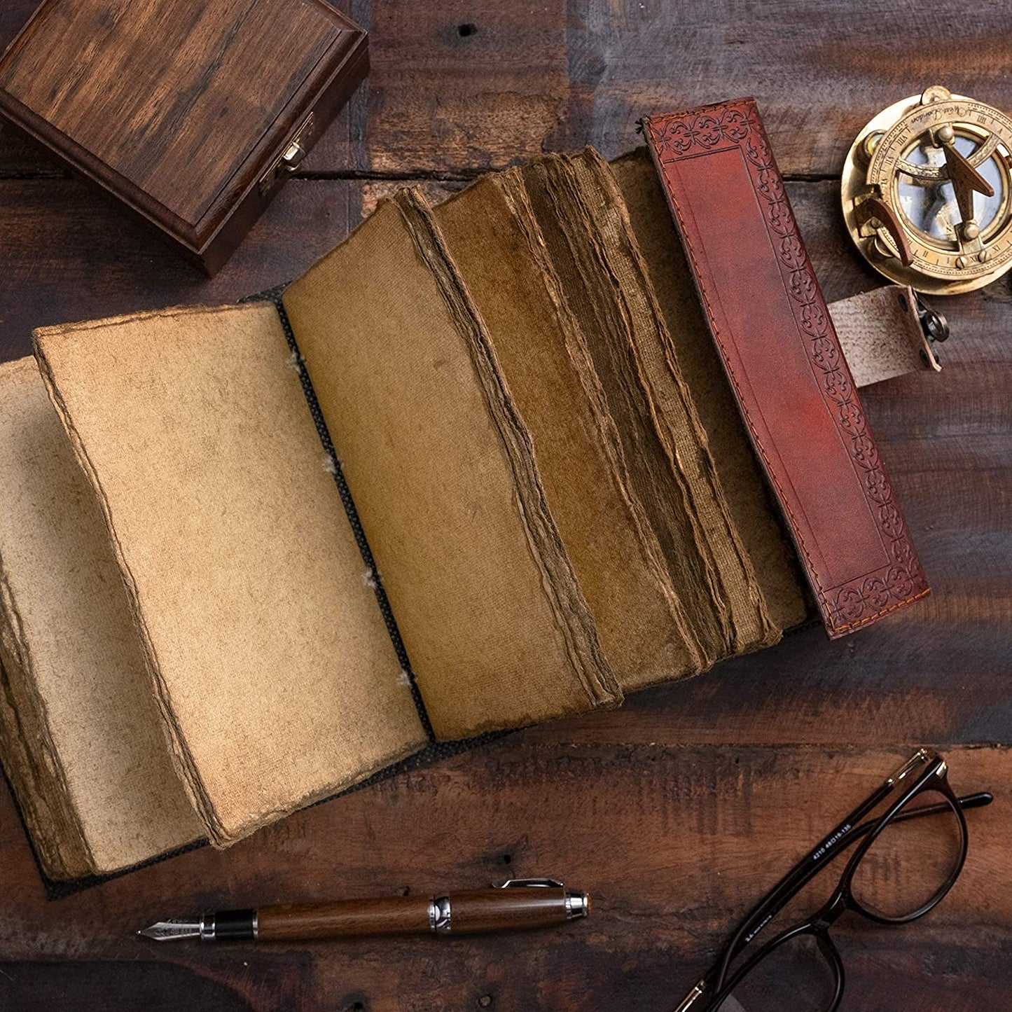 Vintage Leather Journal with Semi Precious Stone - Lock Closure, 240 Pages Antique Deckle Edge Paper - Book of Shadows, Grimoire Journal, Witch Journal for Men and Women - 7" X 5"