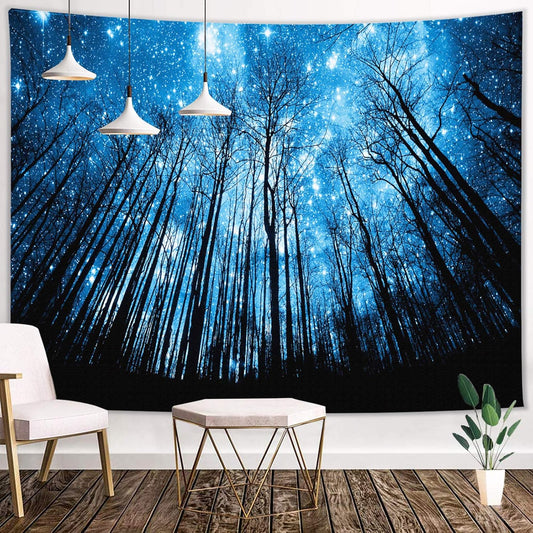 Forest Starry Tapestry 3D Printing Blue Night Sky Tapestry, Forest Galaxy Tapestry Wall Hanging Milky Way Wall Tapestry for Living Room Bedroom Dorm Décor (51.2"×59.1")