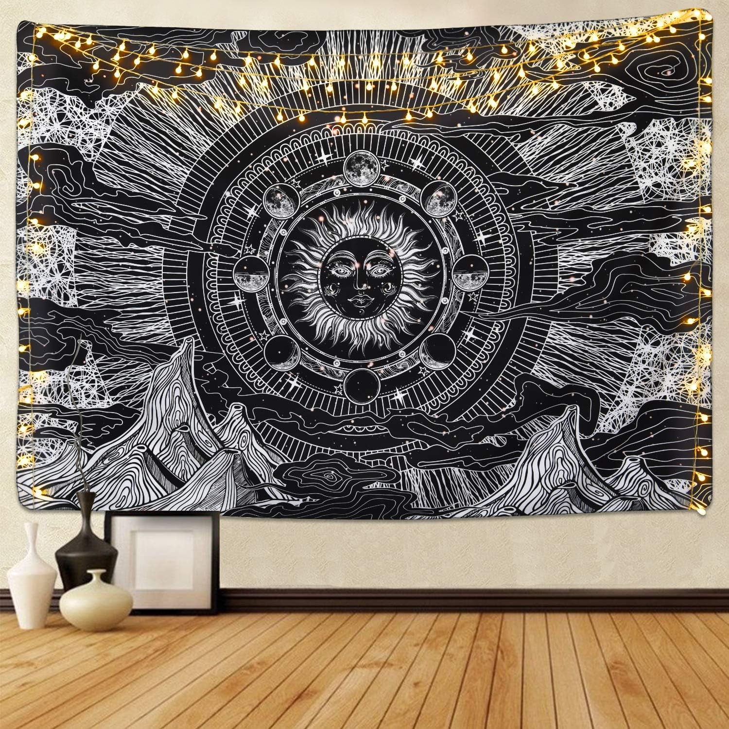 Sevenstars Moon Tapestry Black and White Tapestry Dark Tapestries Cloud Tapestry Sun Tapestry Psychedelic Tapestries for Room