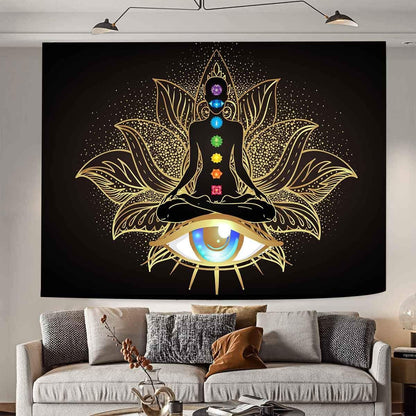 Seven Chakra Tapestry Meditation Tapestry Wall Hanging, Golden Black Lotus Eyes Spiritual Tapestry for Bedroom, Polyester Wall Tapestry Home Decor 51Inchx59Inch SSA065…