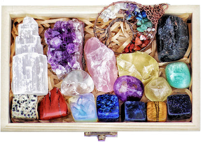 16 Large Natural Healing Crystals Set in Wooden Box - Tumbled, Rough & Raw Crystals, Including Selenite Tower, Black Tourmaline, Amethyst, Rose Quartz, Lapiz Lazuli, Citrine & Tiger'S Eye