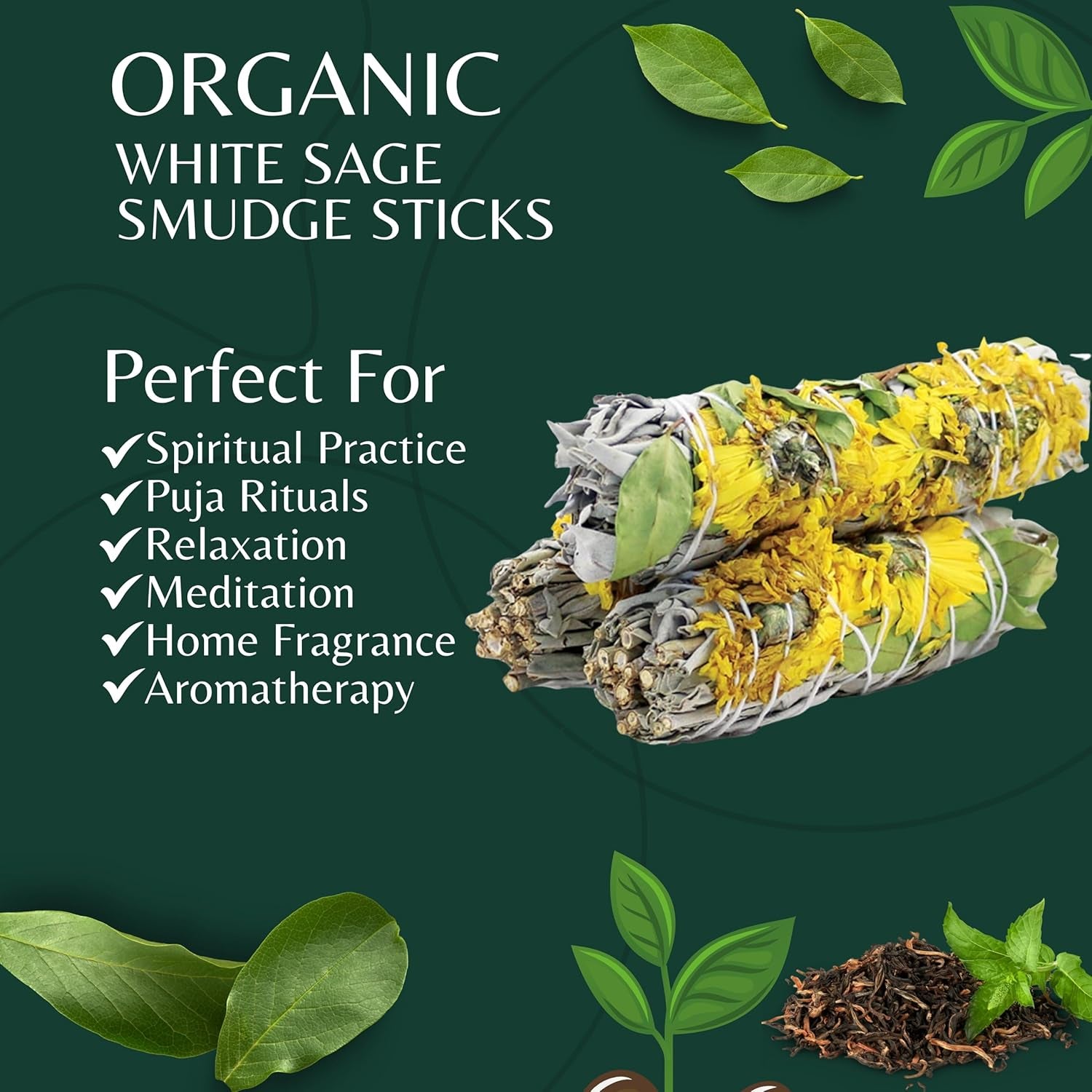 Sunflowers & Organic White Sage Smudge Sticks for Cleansing Home, Meditation, Yoga, Healing and Smudging | Sustainably Sourced California White Sage Bundles (3 Pack - 4 Inch)