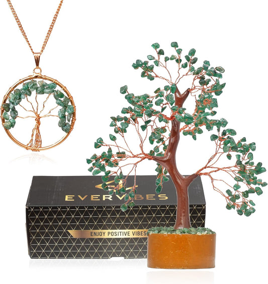 Green Jade Chakra Healing Tree Home Décor [Bonus Necklace] for Fortune, Wealth & Good Luck | Handmade Money Tree of Life Feng Shui Bonsai with Natural Reiki Gemstones