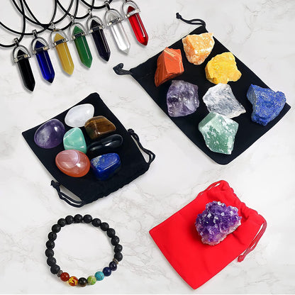 24 PCS Healing Crystals Set for Beginners 7 Raw Chakra Stones 7 Colorful Gems 7 Pcs Healing Crysta Necklace Amethyst Reference Guide Poster Healing Crystals Bracelets for Yoga Meditation