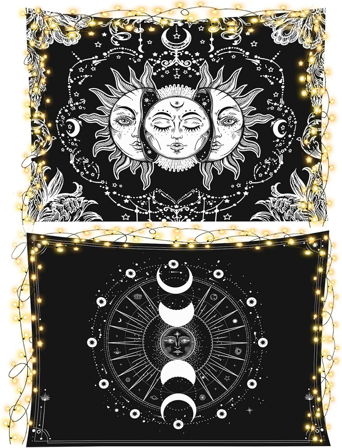 Pack of 2 Sun Moon Tapestry Wall Hanging Stars Space Psychedelic Black and White Wall Tapestry Wall Tapestry for Bedroom Home Wall Décor