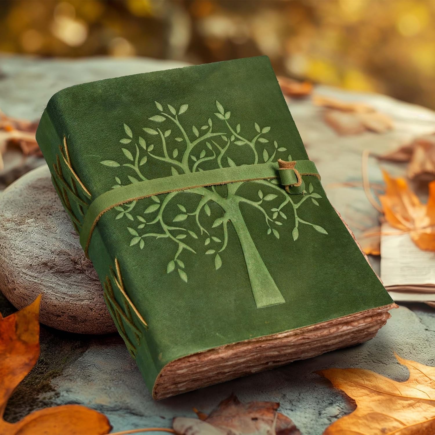 Tree of Life Journal - 8"X6" (A5) Inches - Green - 200 Antique Deckle Edge Handmade Paper – Book of Shadows - Vintage Leather Bound Journal for Women & Men