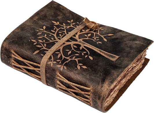 Vintage Leather Journal Tree of Life - Leather Bound Journal - Vintage Deckle Edge Paper - Sketchbook - Journal for Women Men - Book of Shadows (Distressed Brown, 8 Inchesx6 Inches)