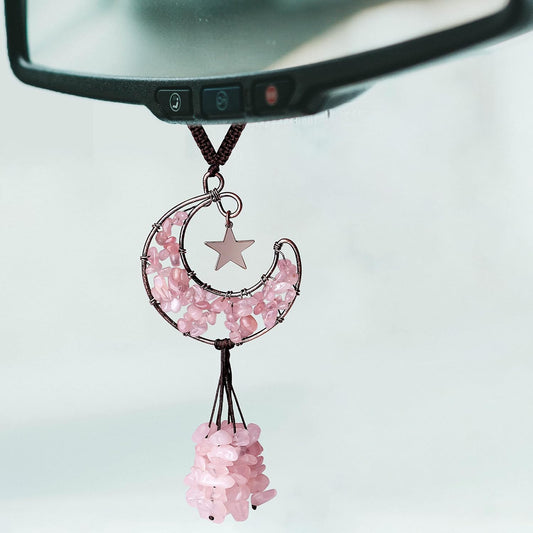 Pink Car Accessories Rose Quartz Crystal Car Rear View Mirror Hanging Accessories Crystal Car Hanging Ornament Moon Cute Hippie Boho Car Decor Accessories for Women Men