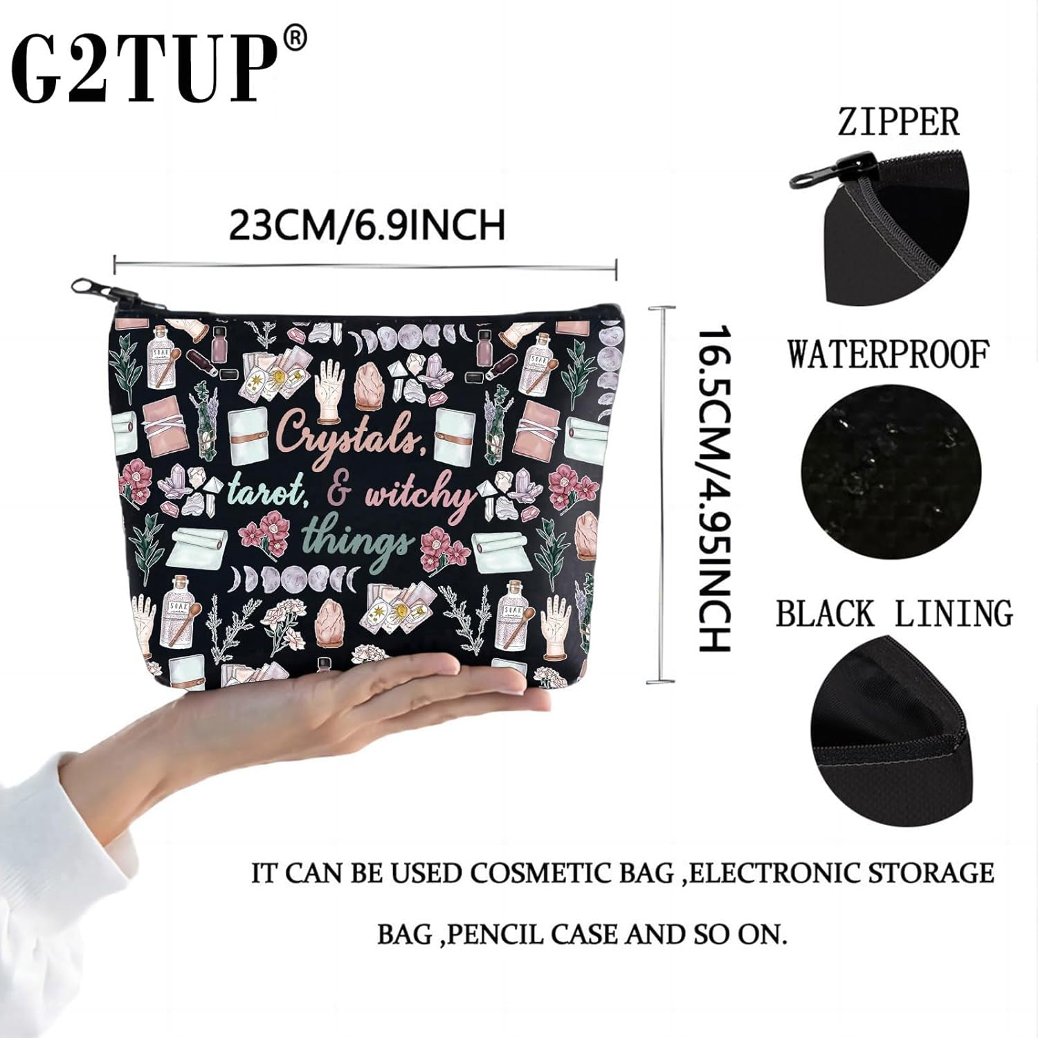 Witch Toiletry Bag for Crystals Tarot and Witchy Things Witchcraft Cosmetics Bag Halloween Witch Gift (Crystals Tarot New)