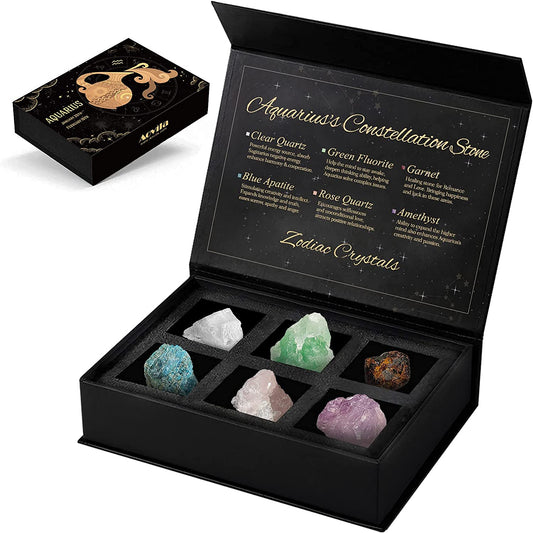 Aquarius Crystals Gift Set, Zodiac Signs Healing Crystals Birthstones with Horoscope Box Set Astrology Crystals Aquarius Healing Stones Gifts