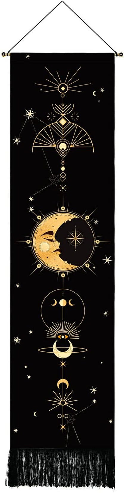 Wall Hanging Tapestry，Aesthetic Tapestry,Bohemian Wall Tapestry，Sun and Moon Tapestry for Room Tapestries(Black Tapestry, 12.8 X 51.2 Inches)